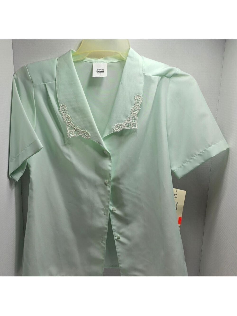 Vintage Light Green Blouse with Embroidered Collar